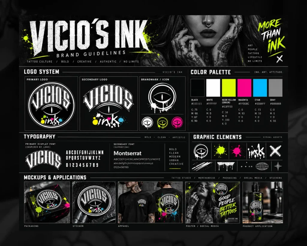 Branding e identidad visual de Vicio’s Ink: logotipos, colores, tipografías y aplicaciones de marca.